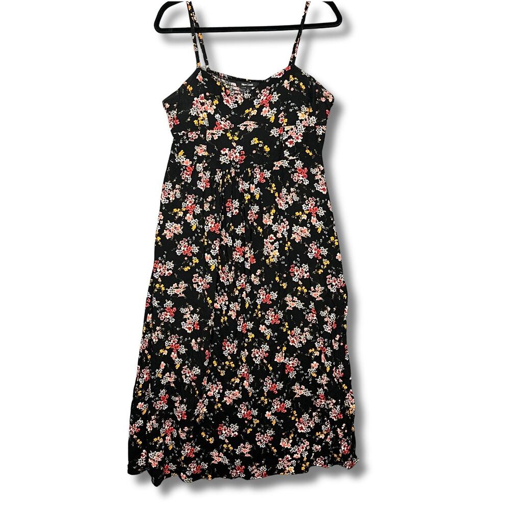 Vintage Black Floral Midi Dress Spaghetti Strap Sweetheart Slit Womens L
